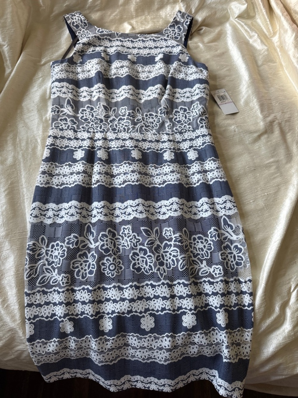 Muse Navy and White Floral Lace-Striped Midi Dress